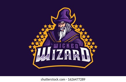 Wicked wizard mascot logo design for sport or e-sport team isolated on dark purple background