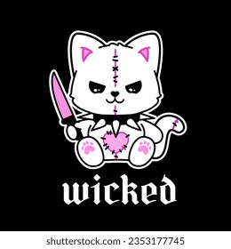 "Wicked"- y2k Teddy Cat toy in 2000s aesthetic gothic punk style. Emo Gothic 00's tattoo sticker, black and pink colors. Cute glam gothic Kitten toy with knife and studded collar for y2k design