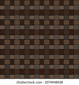 Wicker abstract geometric design. Crossed vertical and horizontal brown lines on black background Seamless repeating pattern. Striped texture. Vector illustration for fabrics, wrapping, and packaging.