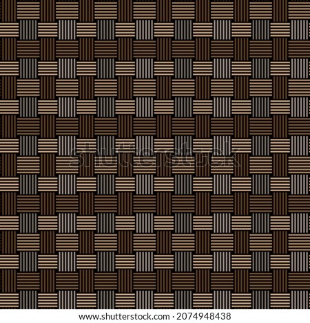 Wicker abstract geometric design. Crossed vertical and horizontal brown lines on black background Seamless repeating pattern. Striped texture. Vector illustration for fabrics, wrapping, and packaging.
