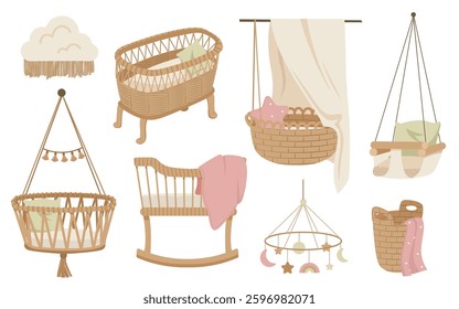 Wicker baby cradles, hanging basket, swing furniture for newborns and kids bedroom boho decoration set. Rattan nursery bedding, rustic playroom hygge style domestic furnishing vector illustration