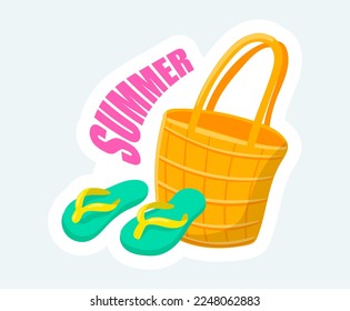 Wicker bag and flip flops for beach. Summertime rest. Vector illustration in cartoon sticker design