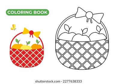 Wicker basket with apples. Black and white linear drawing of ripe summer fruit with leaves. Vector illustration of apple. Coloring book for kids.