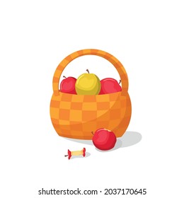 Una canasta de mimbre con manzanas. Composición de dibujos animados vectores.