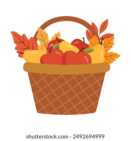 Cesta de mimbre con cosecha de otoño de frutas. Cesta de manzanas y peras. Cosecha de otoño.Ilustración vectorial