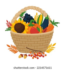 A wicker basket with an autumn harvest of vegetables and fruits. Vector flat illustration for Thanksgiving or agronomic harvest festival. Isolated on a white background