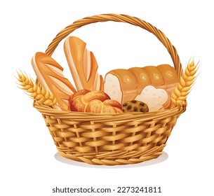 Wicker basket with bakery illustration. Basket with wheat and fresh bread isolated on white background