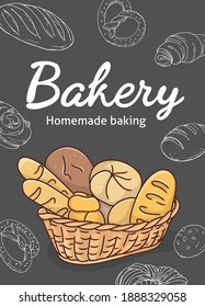 Cesta de mimbre con productos de panadería. Diferentes tipos de pan, bollería dulce y espigas. Afiche elegante para una panadería. Ilustración vectorial colorida sobre un fondo negro.