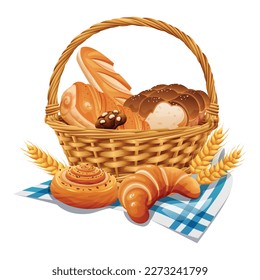 Wicker basket with bakery vector illustration. Basket with wheat and fresh bread isolated on white background