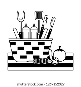 wicker basket barbecue sauces tongs