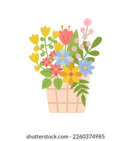 Cesta de mimbre con hermosas y brillantes flores primaverales. Doodles coloreados dibujados a mano para Pascua, vacaciones. Huella infantil para carteles, tarjetas, ropa, guardería. Ilustración plana vectorial sobre fondo blanco