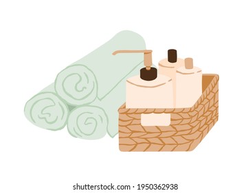 Wicker basket of beauty cosmetic products and pile of rolled towels isolated on white background. Straw box with bottles of cosmetics for skincare and body treatment. Colored flat vector illustration