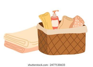 Wicker basket of beauty cosmetic products and pile of rolled towels isolated on white background. Straw box with bottles of cosmetics for skincare and body treatment. Colored flat vector illustration