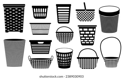 Wicker basket black icons. Handmade woven picnic basket for fruits and vegetables, natural rural decoration for logo design. Vector isolated set. Domestic objects for housework, laundry