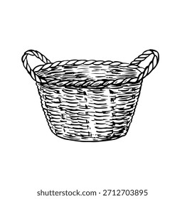 Ein Korb aus Weide. Schwarz-weiße Vektorgrafik von Hand gezeichnet. Ein leerer Dorfkorb. Für die Gestaltung von Gruß- und Einladungs-Osterkarten. Für Verpackungen, Etiketten und mehr.