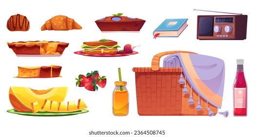 Wicker basket with blanket and food and drinks for picnic in park. Cartoon ready-to-eat food and accessories for outdoor lunch - sandwich and pie, melon and strawberry, bottle juice, book and radio.