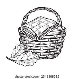 Wicker basket with blanket and oak leaves. Cozy autumn picnik composition sketch. Vector line illustration, hand drawn isolated. Black and white doodle fall arrangement. Clipart for card, sticker, add