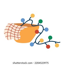 Wicker basket in boho style. Decor for home, interior, decorations and Christmas. Hand drawn illustration isolated on the white background