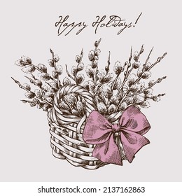 Cesta de mimbre con ramas de ramo y arco de cinta rosa. Feliz Pascua. Composición de vacaciones en tonos pastel. Ilustración dibujada a mano para tarjeta de saludo, decoración