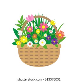 wicker basket with bouquet of flowers on white background