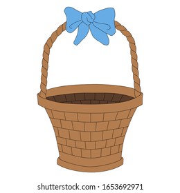 Wicker basket with a bow. Color illustration in flat style.