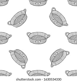 Wicker basket with bow seamless pattern, hand drawing line. Black and white image. Oval basket for a holiday, picnic, Pets.Home item.Vector illustration