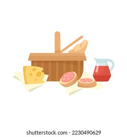 Wicker basket with bread and juice cartoon illustration. Picnic basket with loaf, cheese, sandwiches, glass jar for family dinner or romantic date outdoor. Summer, food, weekend concept