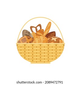 Korb mit Brot auf weißem Hintergrund. Flaches Design.
