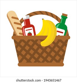 Wicker basket with bread, wine, bananas and ketchup. Picnic basket with food. Flat isolated vector illustration on white background.