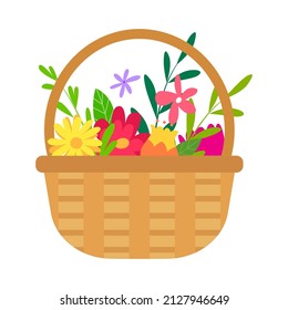 Wicker basket with bright flowers. Present. Holiday on March 8th, valentine's day, easter, birthday. Hand drawn vector illustration, isolated on white background