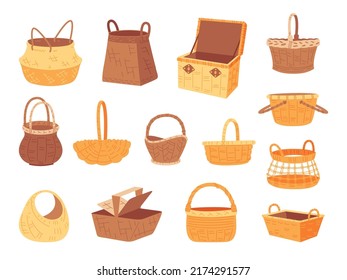 Wicker basket collection. Cartoon empty hampers, isolated rural baskets set. Decorative picnic straw box, bamboo or wood classy home decor vector set