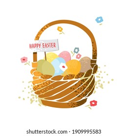 Wicker basket with colored eggs, flowers, happy Easter lettering in vintage style isolated on white. Happy Easter banner template. Card for the spring holiday in pastel colors. Vector illustration.