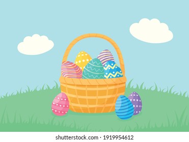 Wicker basket with colorful Easter eggs in a green meadow. Bright spring banner with blue sky. Vector illustration easter
