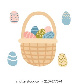 Wicker basket with colorful Easter eggs on white background. Cute illustration for greeting cards, textiles, printing for Easter. Pastel colors. Copy space. Colored doodles. Vector, cartoon style	