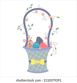 Wicker basket with colorful Easter eggs on a white background. Cute illustration for greeting cards, textiles, printing for Easter. Pastel colors. Vector, cartoon style, isolated on a white background