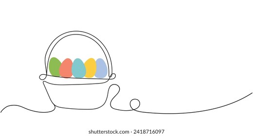 Wicker basket with colorful Easter eggs. Continuous one line drawing. Isolated on white background. With copy space. Minimalist style. Ideal for Easter promotions, greeting cards, holiday banners