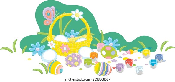 Wicker basket, colorful paints with a brush and traditional gift eggs decorated for Easter on a spring lawn with flowers, vector cartoon illustration on a white background