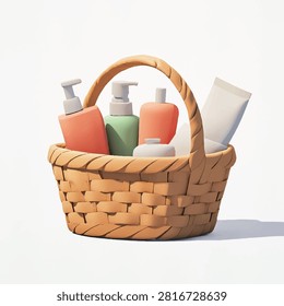 A wicker basket containing several bottles and tubes of bath and beauty products, including lotions, creams, and soaps.