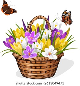 Wicker basket with crocuses.Vector illustration with butterflies and colorful crocuses in a wicker basket.
