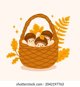 Wicker basket with cute little mushrooms and fallen leaves. Boletus edulis. Funny kawaii cartoon characters in the forest, woodland. Isolated hand-drawn illustration for kids, childish print.