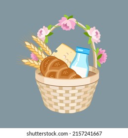 Wicker basket with dairy and bread products. Traditional set for Jewish holiday Shavuot. Happy Shavuot vector illustration