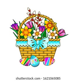 Wicker basket decorated with a blue bow with flowers - tulips and daffodils. Bright picture. Vector image on a white background. For making postcards, stickers and prints for the Easter holiday.