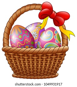 Wicker basket with decorated Easter eggs and red bows isolated on white background