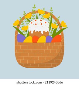 Wicker basket with decorated easter eggs, flowers and easter cake. Template for greeting card, invitation, poster, banner.