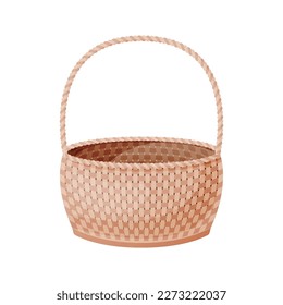 Wicker basket decorative hand wicker empty cartoon. Picnic bag food hamper outdoor holiday Easter attribute decoration cozy eco friendly food shopping storage festive wood bamboo willow flat isolated