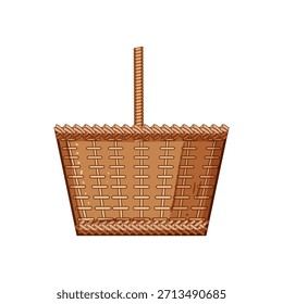 Cesta de vime exibindo sua textura tecida e punho único, um recipiente vazio pronto para segurar mantimentos, suprimentos de piquenique, presentes ou objetos decorativos, isolado em um fundo branco