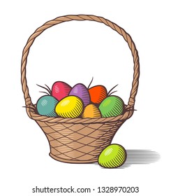 Wicker basket with dyed Easter eggs. Retro style hand drawn vector illustration