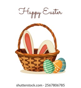 Wicker basket with Easter bunny ears sticking out of it, coloured eggs and Happy Easter text. Vector illustration for postcard, poster for Easter holiday on white background