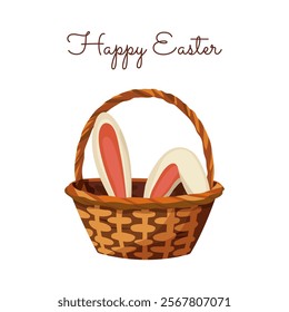 Wicker basket with Easter bunny ears sticking out of it with Happy Easter text. Vector illustration for postcard, poster for Easter holiday on white background