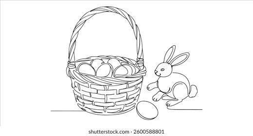 wicker basket the Easter bunny and eggs. continuous single one line minimalist continuous single line hand drawn sketch depicting an abstract wicker basket filled with Easter eggs and accompanied.
